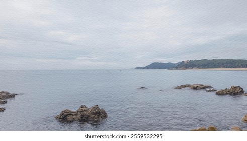 Rocky shoreline with a calm ocean in the background. The sky is overcast, giving the scene a somewhat somber mood. Collage, watercolor paper and photography.  - Powered by Shutterstock