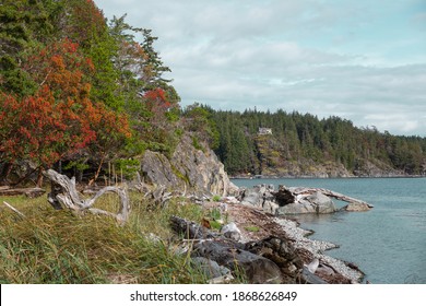 Rocky Shoreline Of Hanks Beach, Cortes Island In The Fall