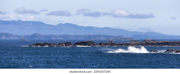 Rocky Shoreline on the West Coast of Pacific Ocean. Ucluelet, Vancouver Island, BC, Canada. Canadian Nature Background Panorama