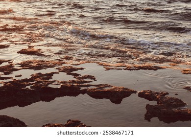 Rocky Shoreline at Sunset: A serene view of gentle waves washing over a rocky coastline during golden hour, capturing the warm glow of the setting sun. - Powered by Shutterstock