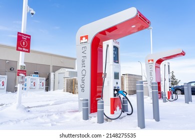 Rocky View County Alberta Canada, April 20 2022: Petro Canada Fast Charge EV Charging Station As Canada's Electric Highway Network.