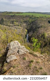 Rocky viewpoint under river (called Oslava) valley in spring landscape - Czech Republic, Europe - Shutterstock ID 2152056457