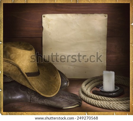 Rodeo background with cowboy objects and old paper for text or design