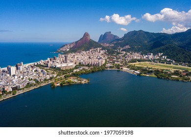 Rodrigo de Freitas Lagoon, Two Brothers and Pedra da Gavea Mountains, Ipanema and Leblon Aerial View, Rio de Janeiro, Brazil