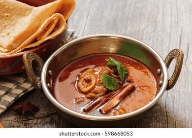 Rogan Josh / Kashmiri Lamb Curry Served In A Kadai, Selective Focus