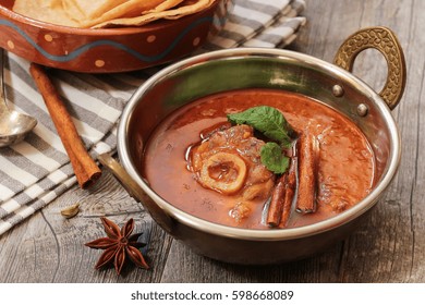 Rogan Josh / Kashmiri Lamb Curry Served In A Kadai, Selective Focus