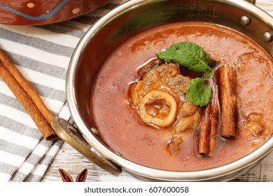 Rogan Josh / Kashmiri Lamb Curry Served In A Kadai, Selective Focus