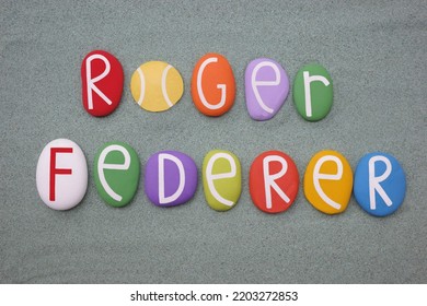 Roger Federer, Tennis Champion Name Composed With Multi Colored Stone Letters Over Green Sand, Basel, Switzerland, 18 September 2022