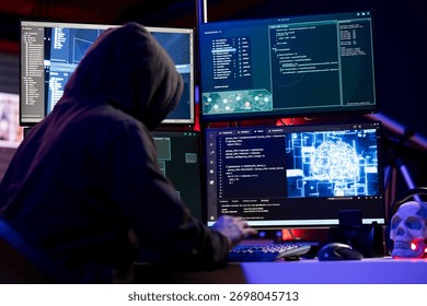Rogue programmer uses AI deep learning to develop zero day exploit undetectable by antivirus. Hacker uses artificial intelligence computerized model to build script doing data mining