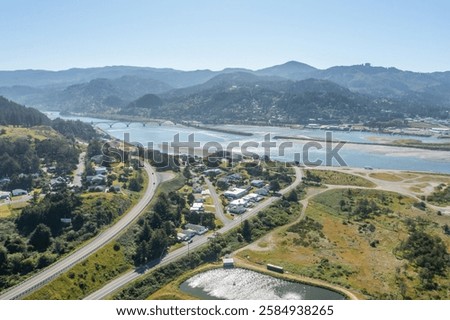 Rogue River going into the ocean in Gold Beach, Oregon. Aerial photo. 
