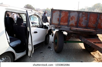 Rohtak, Haryana, India - January 09, 2018: Car accident on highway with tractor & trolley.