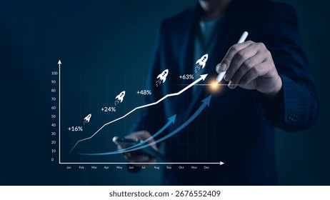 ROI, analytics Manager visualizes monthly KPI line in a workspace to optimize sales, revenue, and performance, informing business metrics and investors. concept data driven growth strategy.