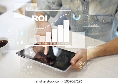 ROI, Return On Investment Business And Technology Concept. Virtual Screen Background.