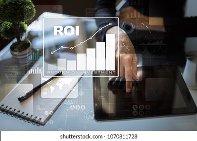 ROI, Return On Investment Business And Technology Concept. Virtual Screen Background.