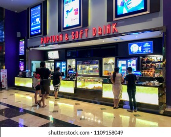 ROIET, THAILAND - JUNE 9, 2018 : People Line Up For Buying Movie Ticket At Cinema Major Cineplex Big C Roi Et, Major Cineplex Is The Largest Operator Of Movie Theaters In Thailand.