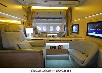 ROISSY, FRANCE -4 JAN 2017- Inside The First Class La Premiere Cabin On An Air France (AF) Plane. The New Luxury Seats Were Launched In 2014.