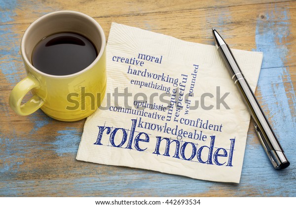 role model qualities word cloud -handwriting on a\
napkin with a cup of\
coffee