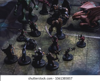 Role Play Board Game With Miniatures With Dragon In Dungeons.