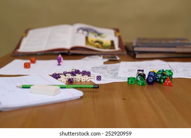 role playing game set up on table on beige background - stock photo