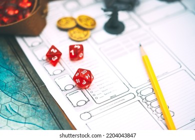 Role Playing Tabletop And Board Games Hobby Concept. D20 Dice Place On Character Sheets For Create Begin Fantasy And Adventure. Background With Book And Miniatures.