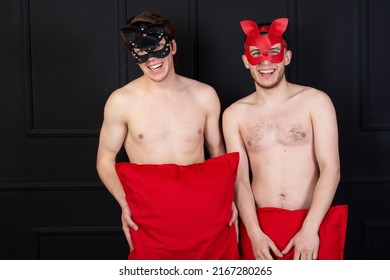 Role Playing Young Gay Couple. Two Handsome Guys In Cat Masks.	