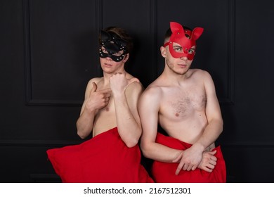 Role Playing Young Gay Couple. Two Handsome Guys In Cat Masks.	