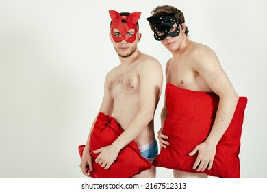 Role Playing Young Gay Couple. Two Handsome Guys In Cat Masks.	