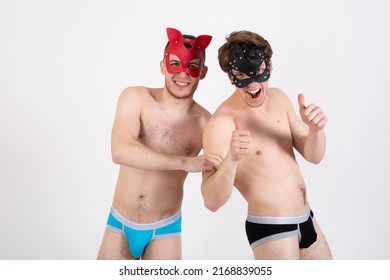 Role Playing Young Gay Couple. Two Handsome Guys In Cat Masks.	