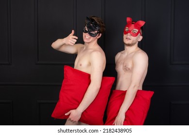 Role Playing Young Gay Couple. Two Handsome Guys In Cat Masks.	