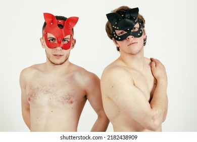 Role Playing Young Gay Couple. Two Handsome Guys In Cat Masks.	