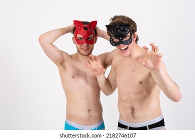 Role Playing Young Gay Couple. Two Handsome Guys In Cat Masks.	