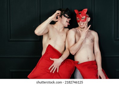 Role Playing Young Gay Couple. Two Handsome Guys In Cat Masks.	