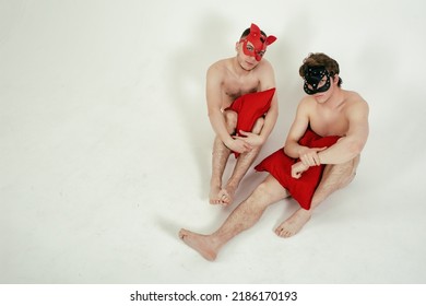 Role Playing Young Gay Couple. Two Handsome Guys In Cat Masks.	