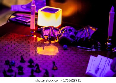 Role-playing game Board game with miniatures with a dragon in the dungeons.