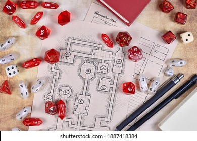 Roleplaying Game Dices On Hand Drawn Dungeon Adventure Map. Concept For Table Top Role Playing Games