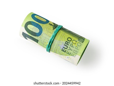 Roll Of 100 Euro Paper Currency Isolated On White Background. Concepts Of Cash Savings, Counting Money, Income And Expenses, Wealth. Wad Of Euro Banknotes As Design Element. Top View.