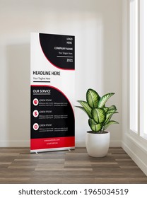 Roll Up Banner Mockup With A Plant Beside The Window