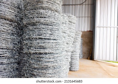 A roll of barbed wire in the store. barbed wire in the factory.