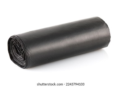 Roll of black plastic garbage bags isolated on white background. Full depth of field. Closeup - Powered by Shutterstock