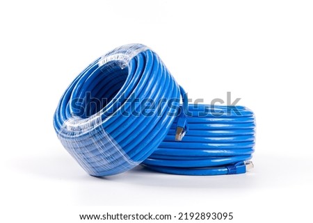 roll of blue network cable isolated on white background