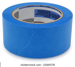 Roll Of Blue Painters Tape Over White.