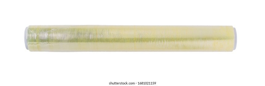 Roll Of Cling Film Isolated On A White Background. Stretch Polymer Film Made From Polyvinyl Chloride Or Polyethylene. Wrapping Material For Food Storage In Fridge. Top View. 