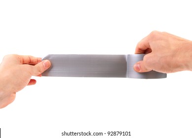 Roll Of Duct Tape In Hands On White Background