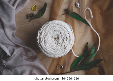 Roll Of Macrame Rope, Top View. White Thread In Beautiful Pastel Backdrop, Flat Lay Image