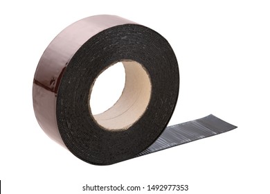 Roll Of Narrow Mounting Tape Made Of Rubber From Resin, For Tight Connection Of Roof Seams, On A White Background, Isolate