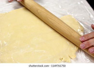 Roll Out Dough Between Two Layers Of Clear Film. Making Lemon Mascarpone Pie Series.