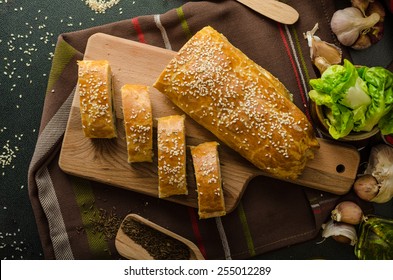 Roll Out Puff Pastry Stuffed With Mushrooms, Cheese And Ham