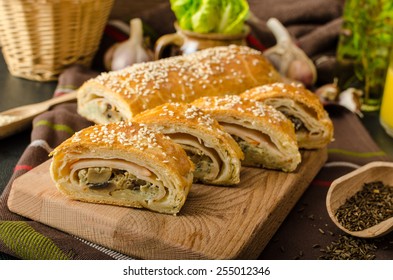 Roll Out Puff Pastry Stuffed With Mushrooms, Cheese And Ham