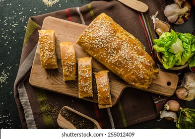 Roll Out Puff Pastry Stuffed With Mushrooms, Cheese And Ham