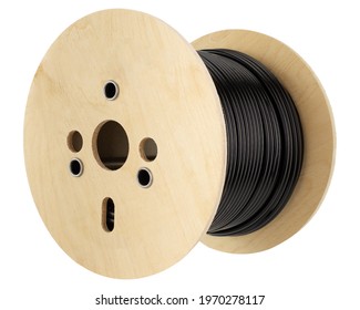 Roll of outdoor fiber optic signal shielded cable is on a white background  Wooden Coils of powerful black telecommunications wire 